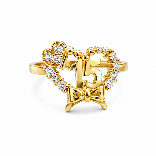 14KT Gold Ring Women's "15" Bow Quinceanera Heart Shape White CZ Stones Border and Plain Border Corner Three CZ Stone Heart Plain Band