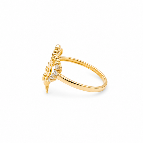 14KT Gold Ring Women's "15" Bow Quinceanera Heart Shape White CZ Stones Border and Plain Border Corner Three CZ Stone Heart Plain Band