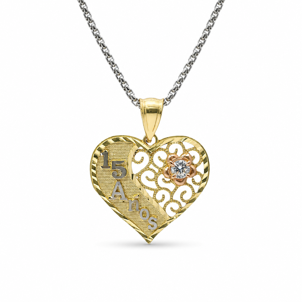 14KT Gold Charm Jumbo Tri Tone Flat "15 Anos" Heart with White CZ Stone Right Side Flower and Plain Bell