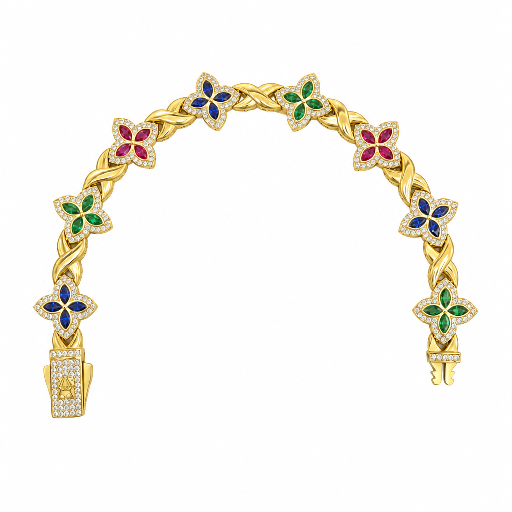 14KT Gold Bracelet Women's Tennis Multi Color (Navy Blue, Dark Green, Dark Pink) CZ Stones Marquise Clover Flower Charms with White CZ Stones Border and Cuban Link White CZ Stones Crowned Diamond Shape Emblem Box Clasp Band