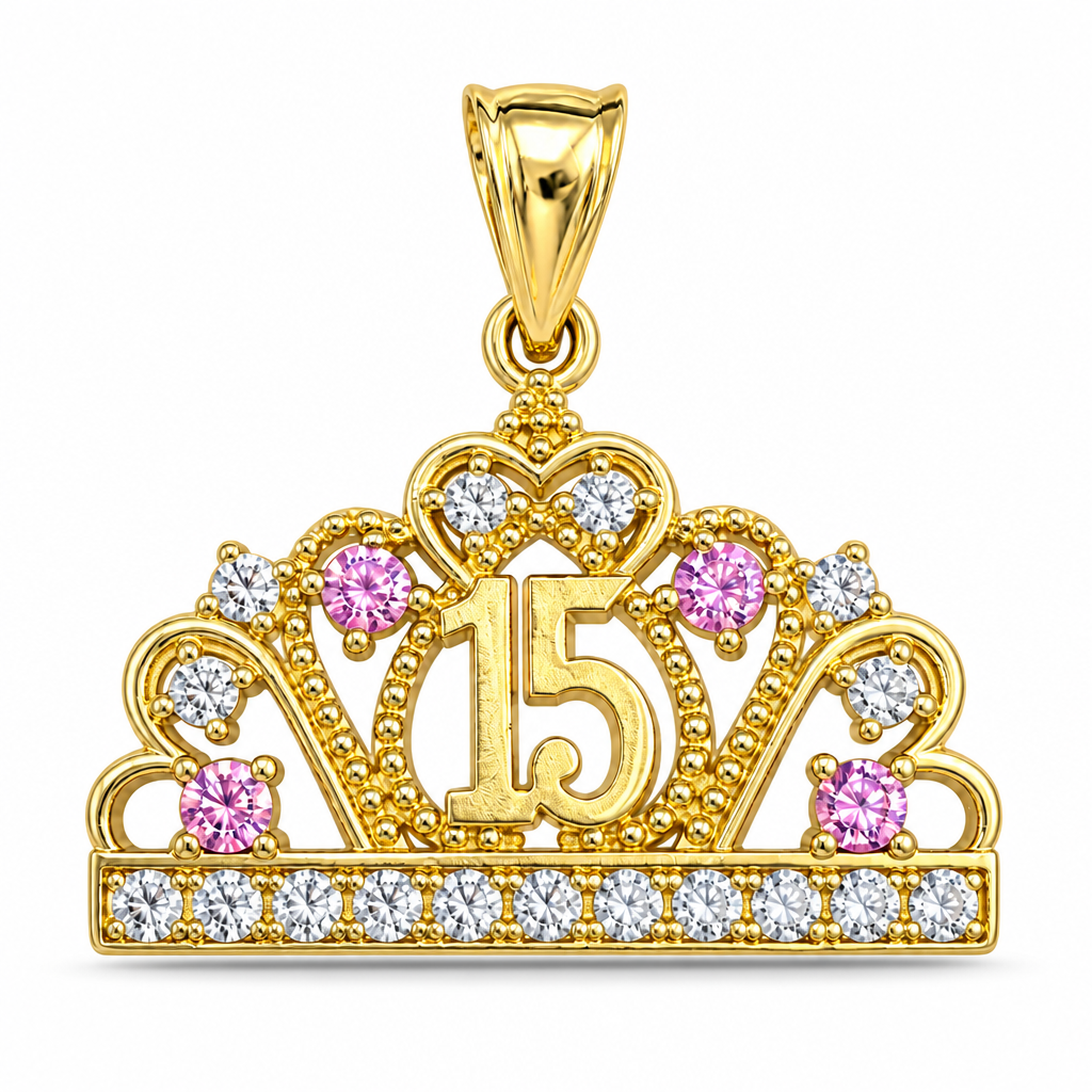 14KT Gold Charm Jumbo Quincenaera "15" Center Open Heart Tiara with Light Pink and White CZ Stones Top and Round White CZ Stones Band and Plain Bell