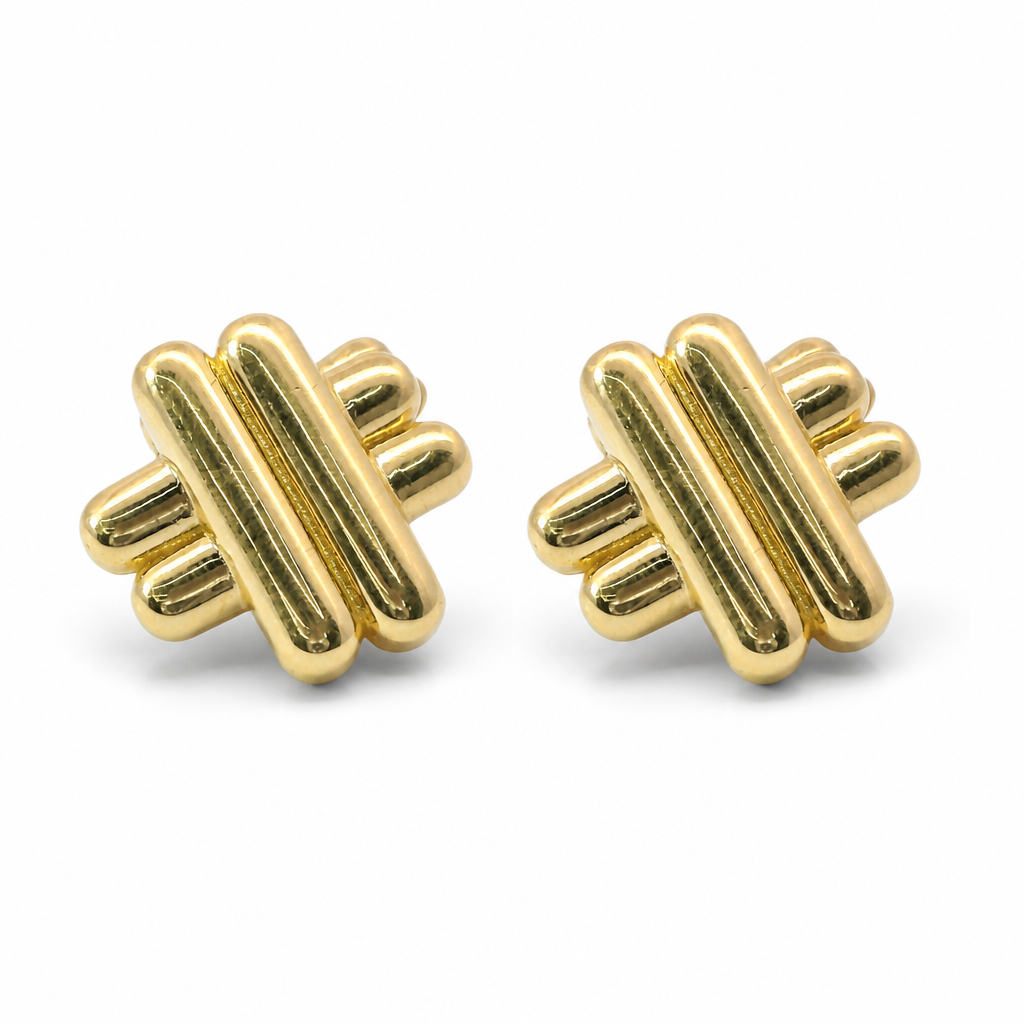 14KT Gold Earrings Medium Plain Puff Hashtag with Push Back Post and Butterfly Backs