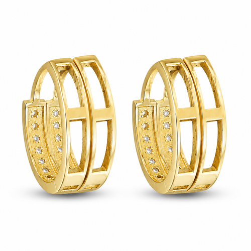 14KT Gold Earring Small White CZ Stones Single Row with Plain Gold Border Open Back Huggie