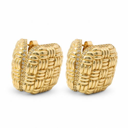 14KT Gold Earrings Large Puff Basket Weave Square with White CZ Stones Edge, Push Back Post, and Butterfly Backs