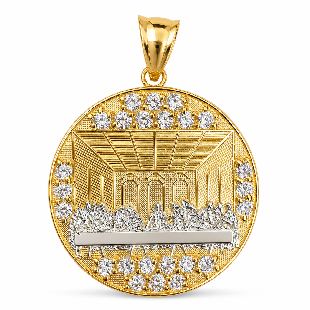 14KT Gold Charm 2XL Round Two Tone Last Supper with White CZ Stones Floor, Plain Border, and Bell