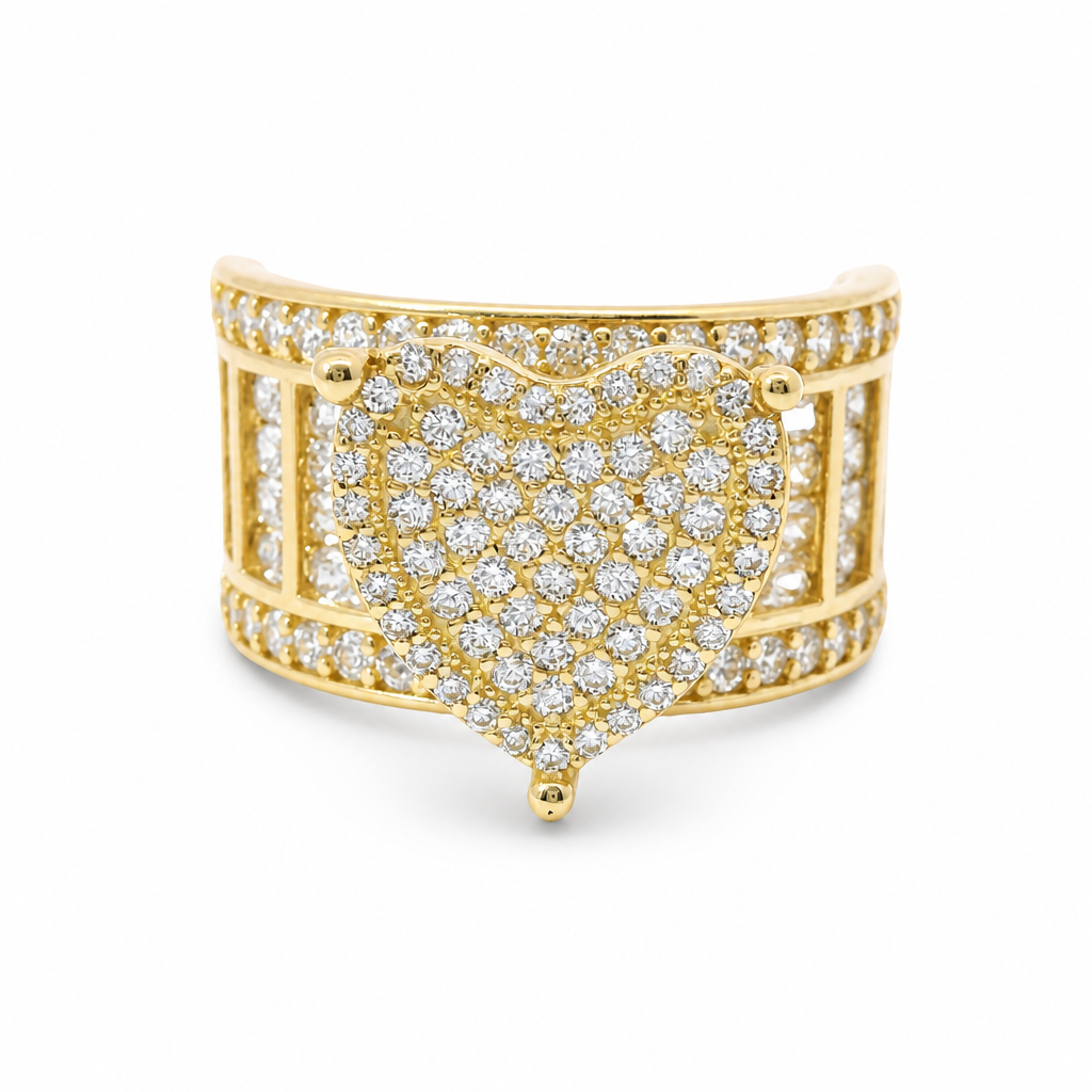 14KT Gold Ring Women's Four Prong Heart White CZ Stones Cluster Center with Plain Outline Border and Eight Sections of Four White CZ Baguette Stones Band