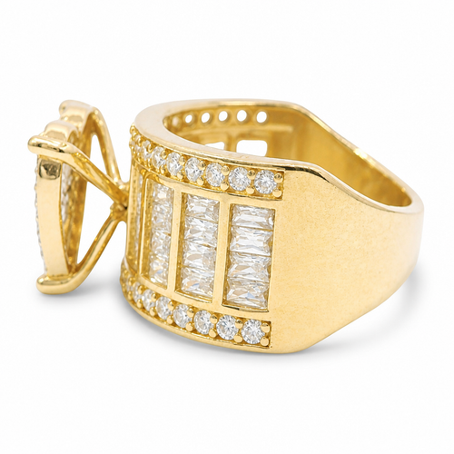 14KT Gold Ring Women's Four Prong Heart White CZ Stones Cluster Center with Plain Outline Border and Eight Sections of Four White CZ Baguette Stones Band