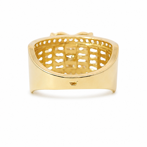 14KT Gold Ring Women's Four Prong Heart White CZ Stones Cluster Center with Plain Outline Border and Eight Sections of Four White CZ Baguette Stones Band