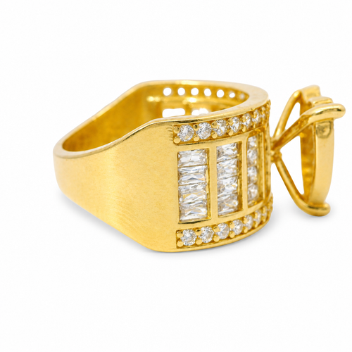 14KT Gold Ring Women's Four Prong Heart White CZ Stones Cluster Center with Plain Outline Border and Eight Sections of Four White CZ Baguette Stones Band