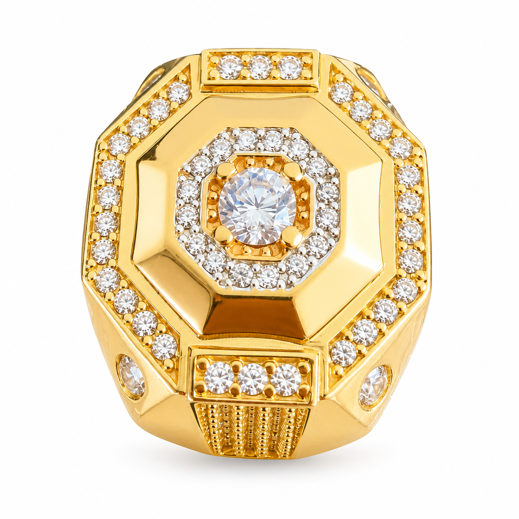 14KT Gold Ring Men's Octagon Two Tone Rose Gold Platform Center with White CZ Stones Edges and White CZ Stones Band