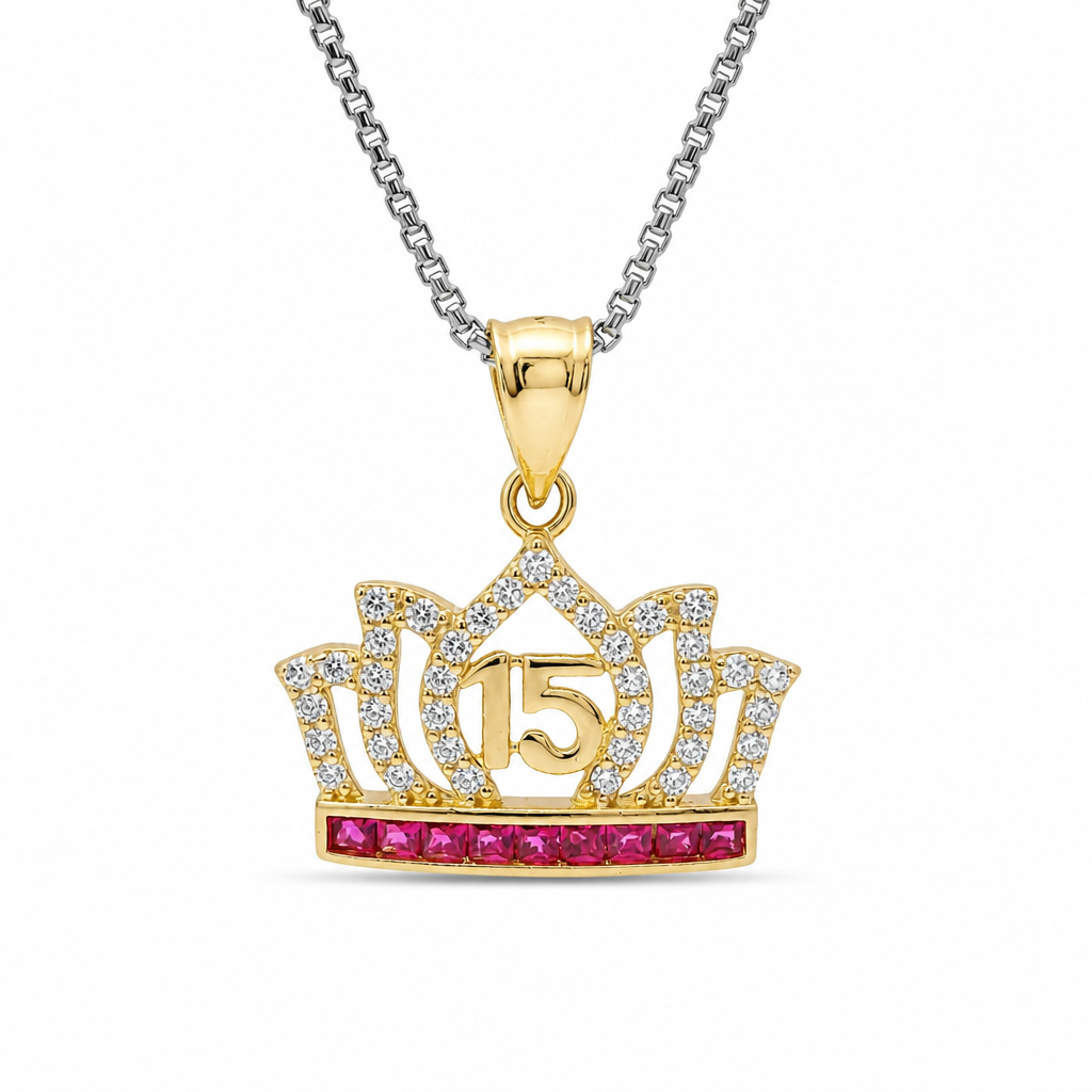 14KT Gold Charm Medium Quincenaera "15" Center White CZ Stones Flame Tiara with Dark Pink Square CZ Stones Base and Plain Bell