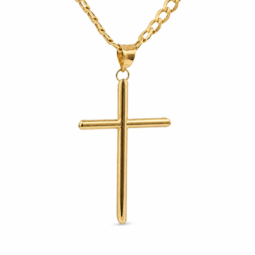 14KT Gold Charm 2XL Plain Hollow Tube Slant Ends Cross with Plain Bell