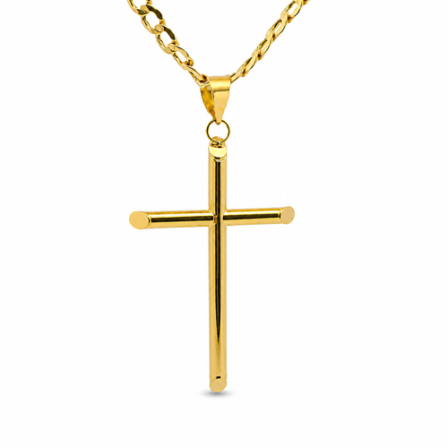 14KT Gold Charm 2XL Plain Hollow Tube Slant Ends Cross with Plain Bell