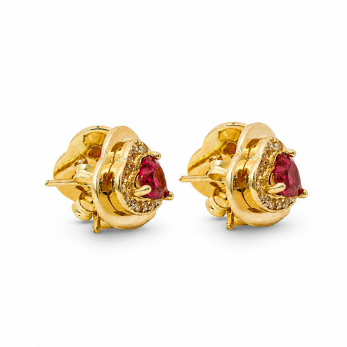 14KT Gold Earring Small Red Heart Center CZ Stone with White CZ Stones Border, Plain Platform Border with Push Back Post and Butterfly Backs