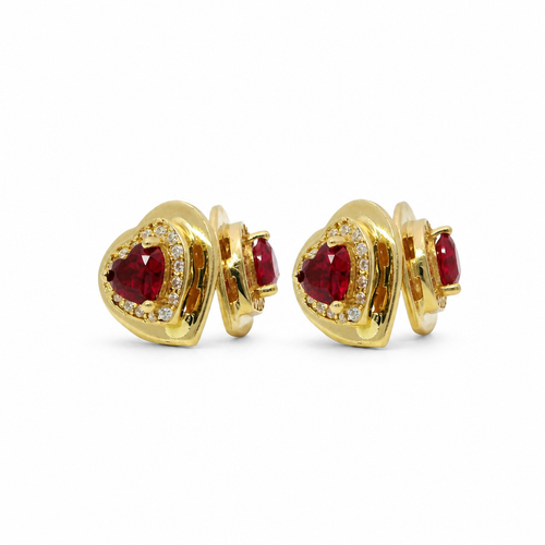 14KT Gold Earring Small Red Heart Center CZ Stone with White CZ Stones Border, Plain Platform Border with Push Back Post and Butterfly Backs