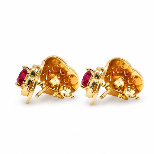 14KT Gold Earring Small Red Heart Center CZ Stone with White CZ Stones Border, Plain Platform Border with Push Back Post and Butterfly Backs