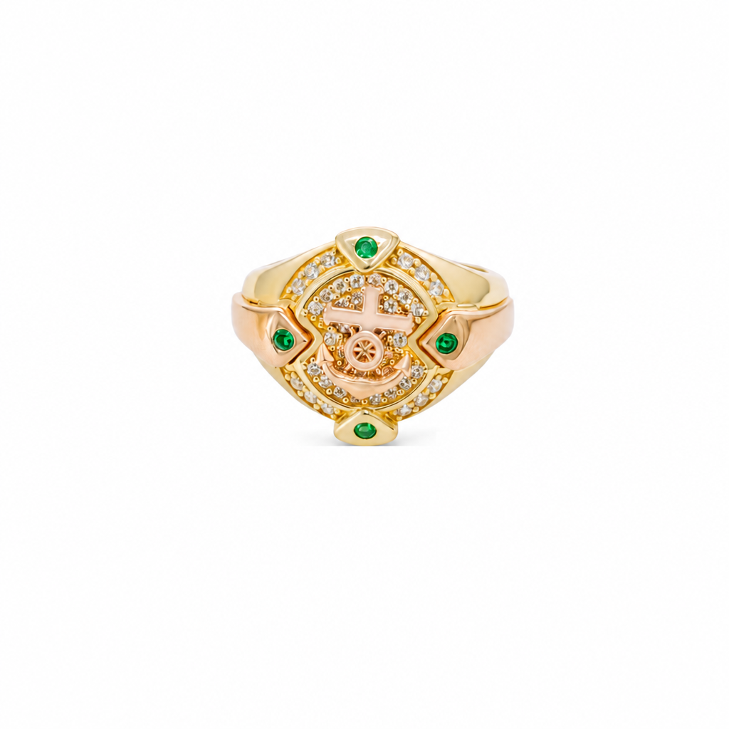 14KT Gold Ring Men's Round Two Tone Anchor White CZ Stones Background White CZ Stones Border Green CZ Stone on North, South, West, and East Border of the Ring