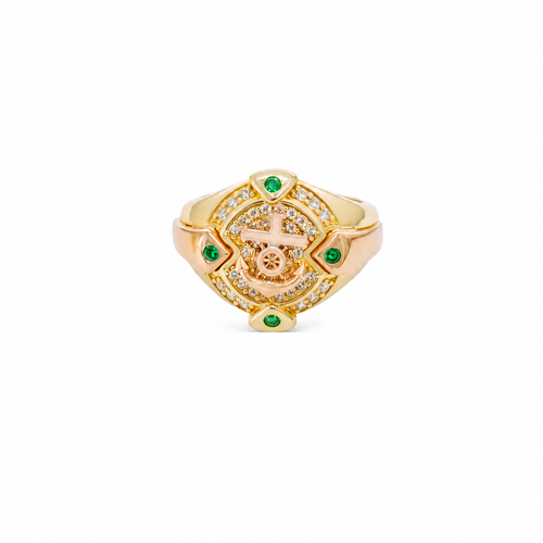 14KT Gold Ring Men's Round Two Tone Anchor White CZ Stones Background White CZ Stones Border Green CZ Stone on North, South, West, and East Border of the Ring