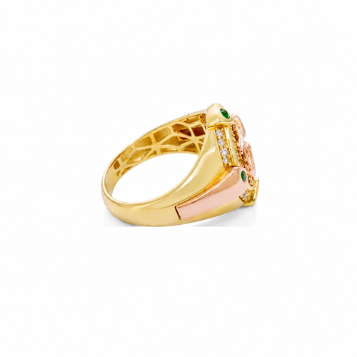 14KT Gold Ring Men's Round Two Tone Anchor White CZ Stones Background White CZ Stones Border Green CZ Stone on North, South, West, and East Border of the Ring
