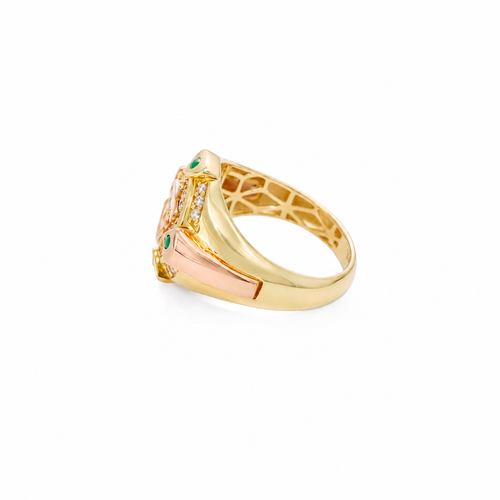 14KT Gold Ring Men's Round Two Tone Anchor White CZ Stones Background White CZ Stones Border Green CZ Stone on North, South, West, and East Border of the Ring