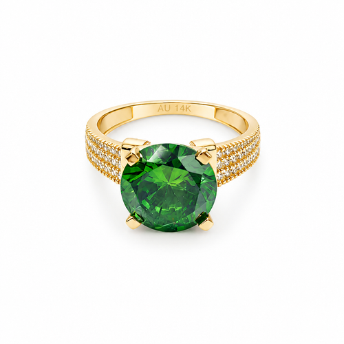 14KT Gold Ring Women's Jumbo Round Dark Green Center CZ Stone Plain Shoulders Triple Row of White CZ Stones Band