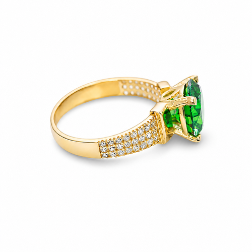 14KT Gold Ring Women's Jumbo Round Dark Green Center CZ Stone Plain Shoulders Triple Row of White CZ Stones Band
