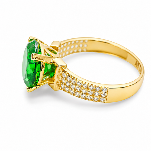 14KT Gold Ring Women's Jumbo Round Dark Green Center CZ Stone Plain Shoulders Triple Row of White CZ Stones Band