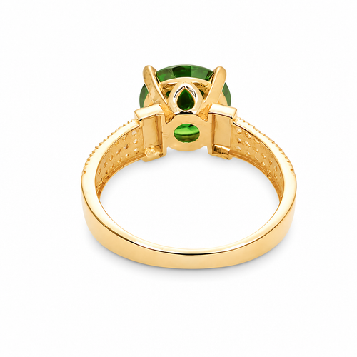 14KT Gold Ring Women's Jumbo Round Dark Green Center CZ Stone Plain Shoulders Triple Row of White CZ Stones Band