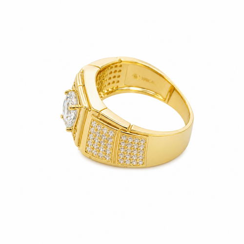 14KT Gold Ring Men's Round White CZ Stone Center with Plain Square Border and Single Row of Seven White CZ Stone Center Side Border Side Design Two Smaller Plain Square Border Two Triple Rows of Five White CZ Stones