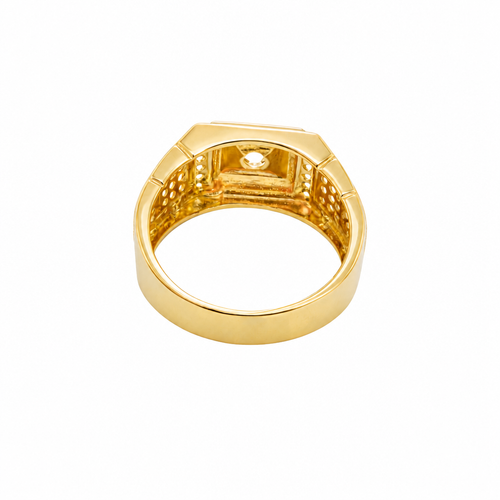 14KT Gold Ring Men's Round White CZ Stone Center with Plain Square Border and Single Row of Seven White CZ Stone Center Side Border Side Design Two Smaller Plain Square Border Two Triple Rows of Five White CZ Stones