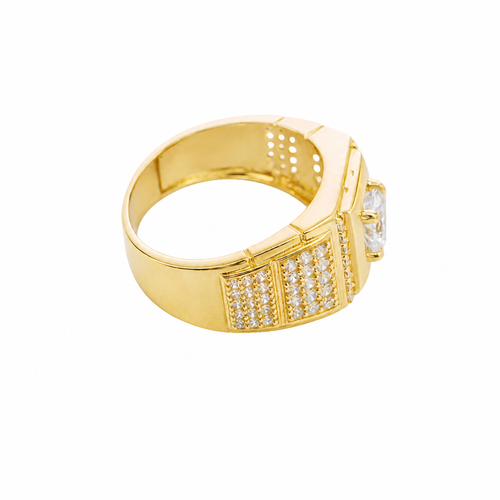 14KT Gold Ring Men's Round White CZ Stone Center with Plain Square Border and Single Row of Seven White CZ Stone Center Side Border Side Design Two Smaller Plain Square Border Two Triple Rows of Five White CZ Stones