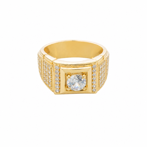 14KT Gold Ring Men's Round White CZ Stone Center with Plain Square Border and Single Row of Seven White CZ Stone Center Side Border Side Design Two Smaller Plain Square Border Two Triple Rows of Five White CZ Stones