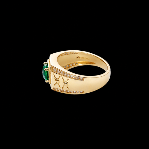 14KT Gold Ring Men's Octagon Green CZ Round Center Stone White CZ Stone Border Band Design Two Stacked "X" with Center Dot Single Row White CZ Stones Border