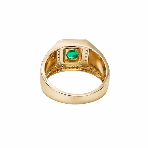14KT Gold Ring Men's Octagon Green CZ Round Center Stone White CZ Stone Border Band Design Two Stacked "X" with Center Dot Single Row White CZ Stones Border