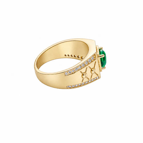 14KT Gold Ring Men's Octagon Green CZ Round Center Stone White CZ Stone Border Band Design Two Stacked "X" with Center Dot Single Row White CZ Stones Border