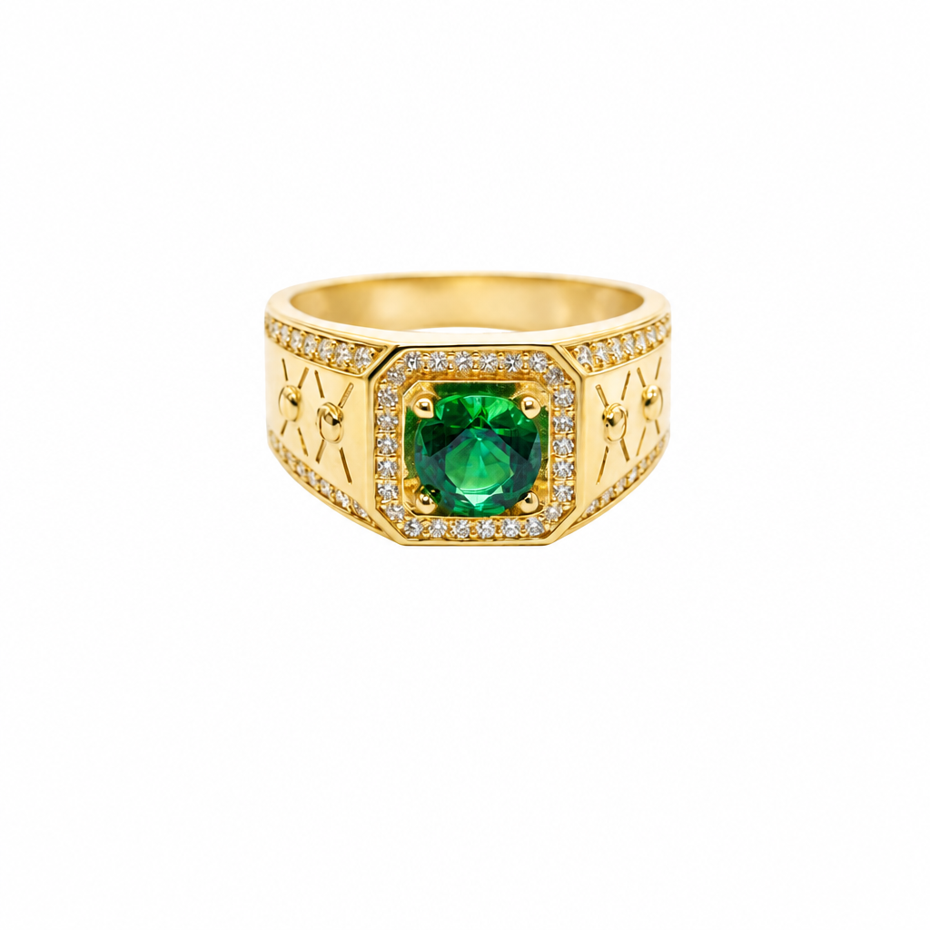 14KT Gold Ring Men's Octagon Green CZ Round Center Stone White CZ Stone Border Band Design Two Stacked "X" with Center Dot Single Row White CZ Stones Border
