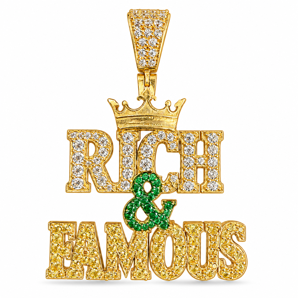 14KT Gold Charm Extra Large "Rich & Famous" White CZ Stones "Rich" with Dark Green CZ Stones "&" with Yellow CZ Stones "Famous" and White CZ Stones Bell