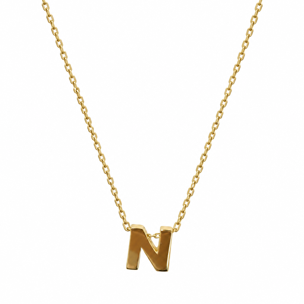 14KT Gold Solid Set Thin Chain Cable Link with Spring Lock Clasp and Single Block Font Uppercase Initial "N"