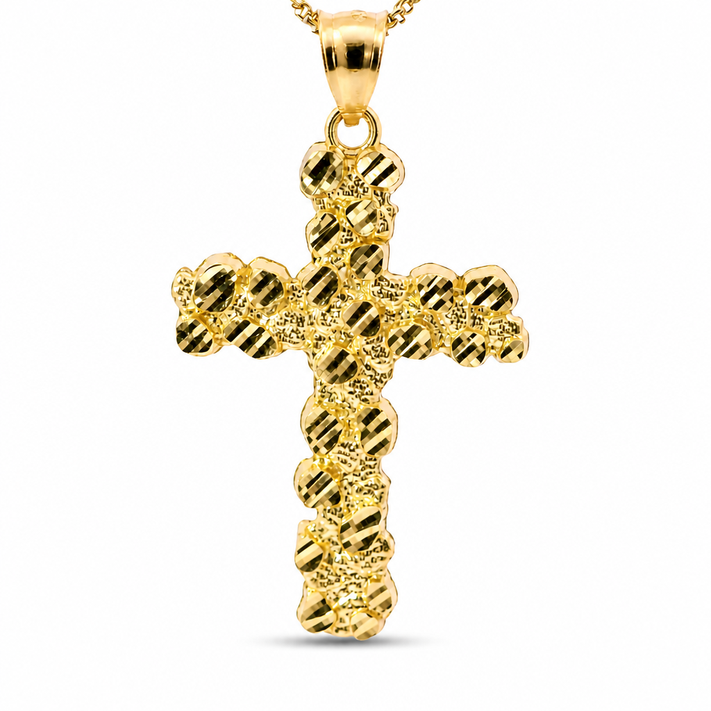 14KT Gold Charm Extra Large Nugget Cross with Plain Bell