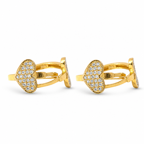 14KT Gold Earring Medium White CZ Stones Heart Center Huggie