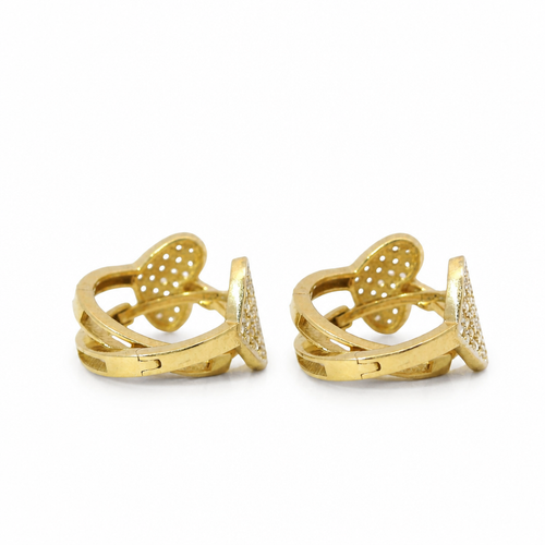 14KT Gold Earring Medium White CZ Stones Heart Center Huggie