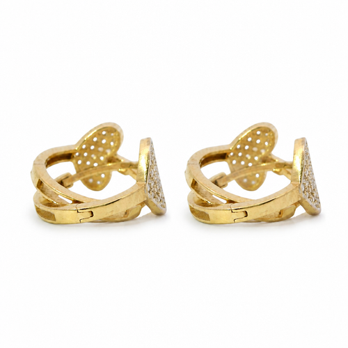 14KT Gold Earring Medium White CZ Stones Heart Center Huggie