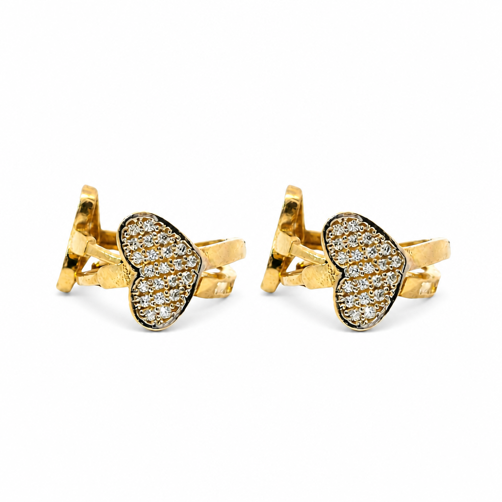 14KT Gold Earring Medium White CZ Stones Heart Center Huggie