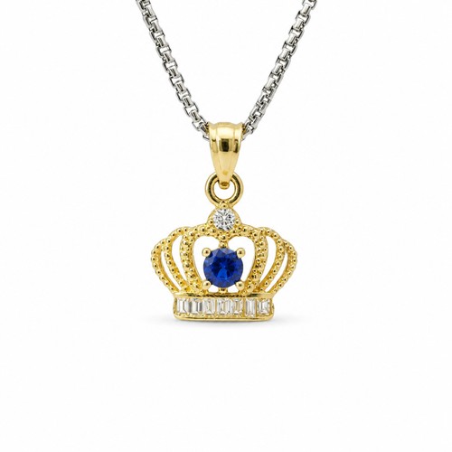 14KT Gold Charm Mini Open Crown Royal Blue Round CZ Stone Center White Baguette CZ Stones Band and Plain Bell