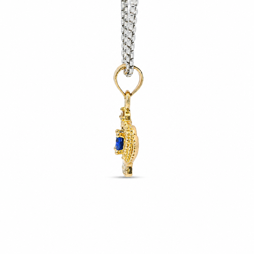 14KT Gold Charm Mini Open Crown Royal Blue Round CZ Stone Center White Baguette CZ Stones Band and Plain Bell