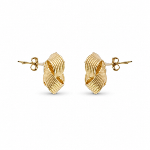 14KT Gold Earrings Medium Four Cord Strand Plain Open Flattened Square Knot with Plain Borders, Push Back Post, and Butterfly Backs