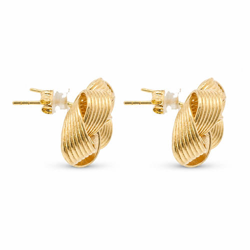 14KT Gold Earrings Medium Four Cord Strand Plain Open Flattened Square Knot with Plain Borders, Push Back Post, and Butterfly Backs