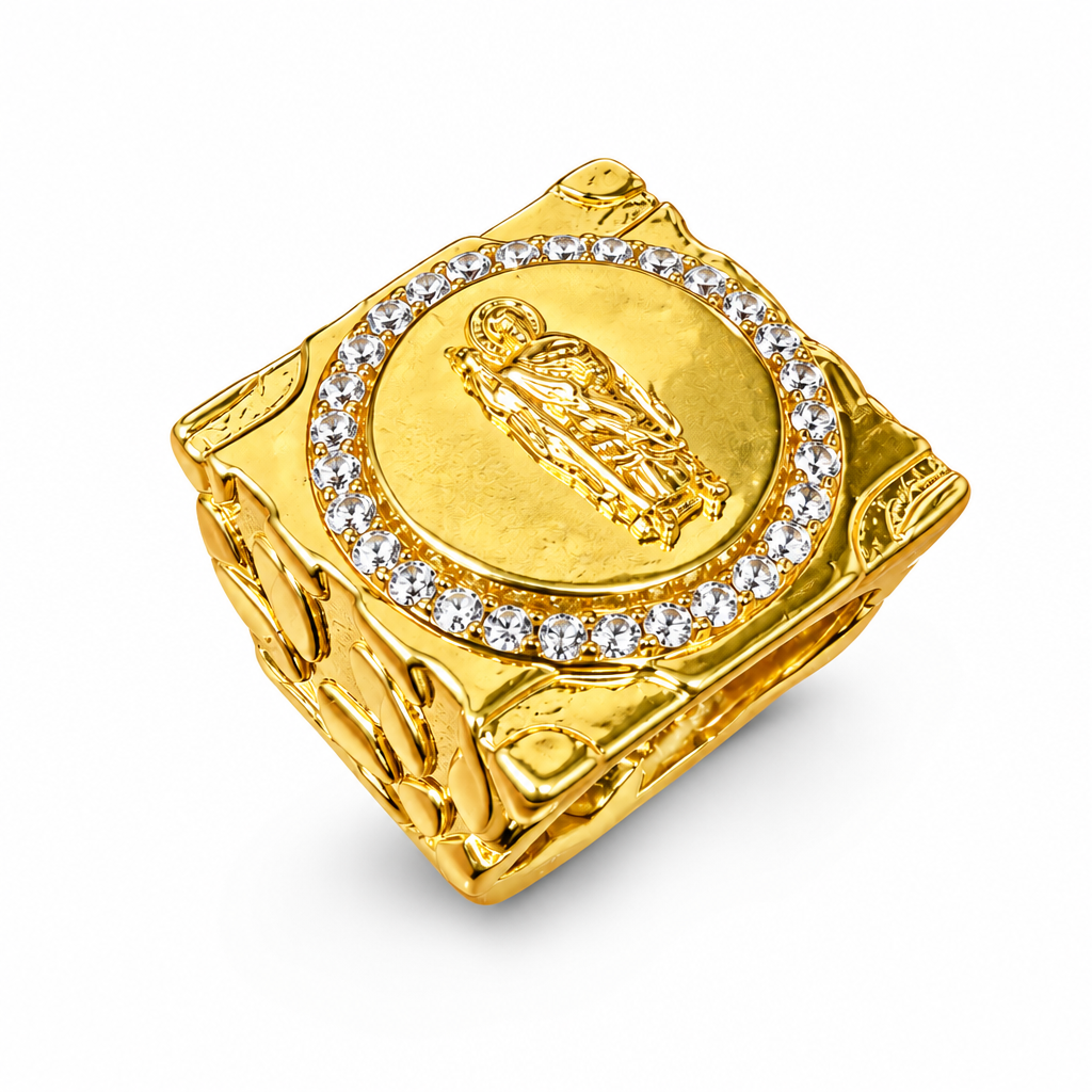 14KT Gold Ring Men's Square St Jude Center with Plain Background, White CZ Stones Border and Nugget Band
