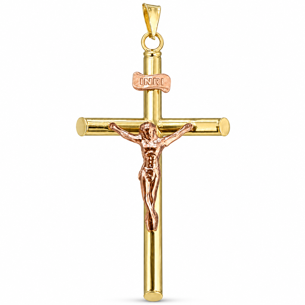 14KT Yellow / Rose Gold Charm 2XL Two Tone Hollow Tube Slant Ends Crucifix Cross with Plain Bell