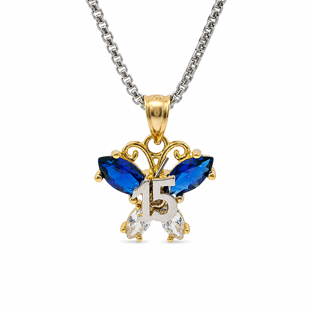 14KT Gold Charm Small Two Tone Quinceanera Butterfly with Navy Blue CZ Stones Top Wings and White CZ Stones Lower Wings and Plain Bell